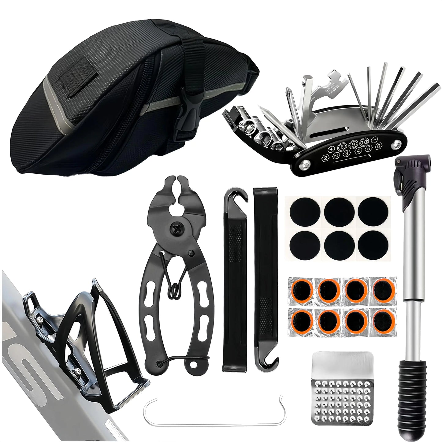 Bicycle Repair Bag Bike Tool Kit & Saddle Bag with Tire Pump Portable Tool Kit for Camping Travel-16-in-1 Bike Multitool Chain Tool Tire Patches Inflator Holder Use for Mountain/Road Bike