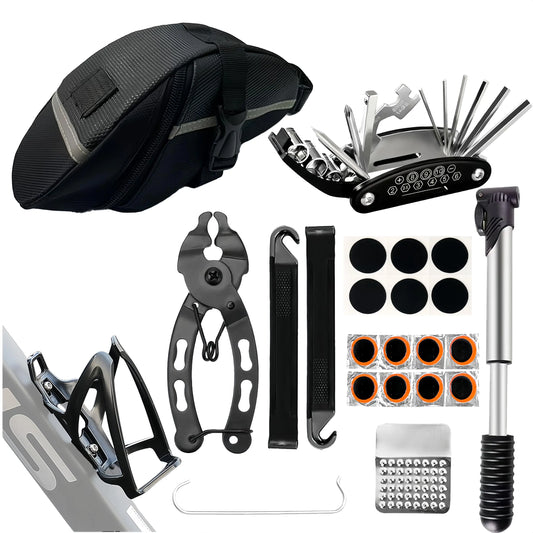 Bicycle Repair Bag Bike Tool Kit & Saddle Bag with Tire Pump Portable Tool Kit for Camping Travel-16-in-1 Bike Multitool Chain Tool Tire Patches Inflator Holder Use for Mountain/Road Bike